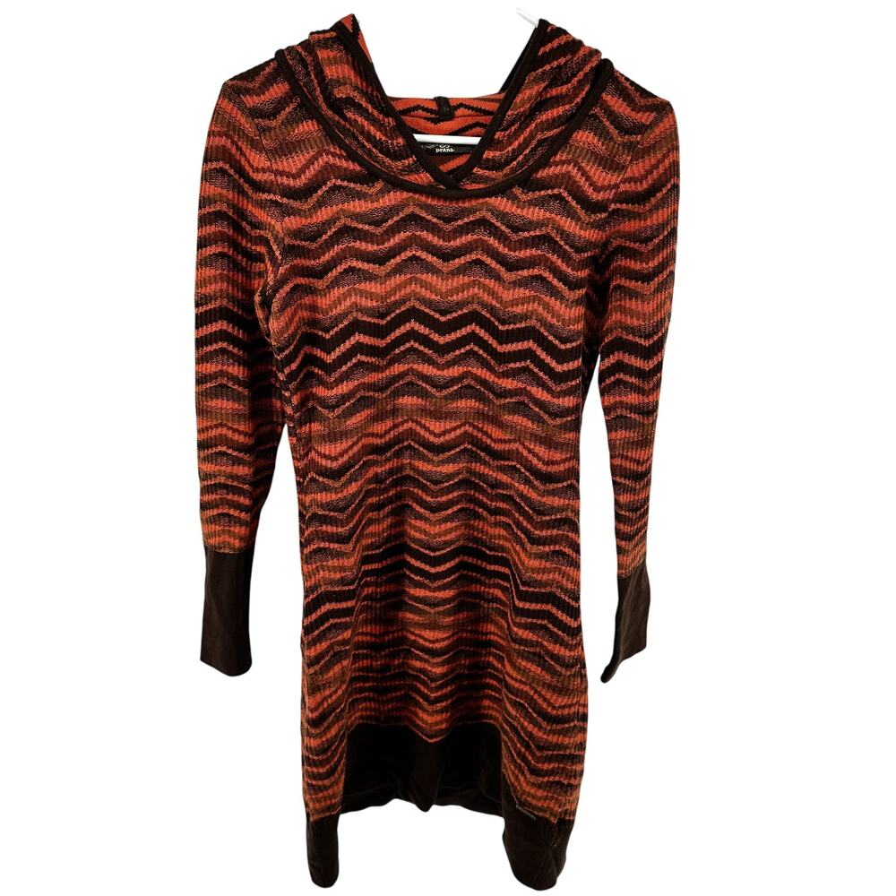 prAna Meryl Tunic Sweater Mini Dress Hooded Chevron Print Knit Raisin Small - Picture 2 of 5